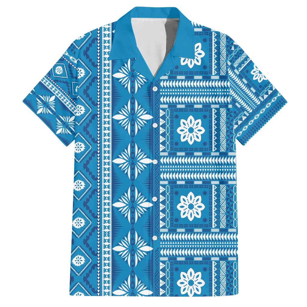 Fiji Masi All Blue Family Matching Off Shoulder Maxi Dress and Hawaiian Shirt Tapa Pattern - Polynesian Pride