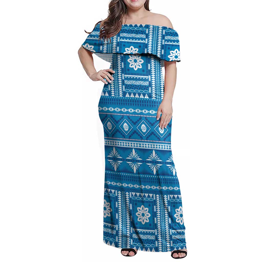 Fiji Masi All Blue Family Matching Off Shoulder Maxi Dress and Hawaiian Shirt Tapa Pattern - Polynesian Pride