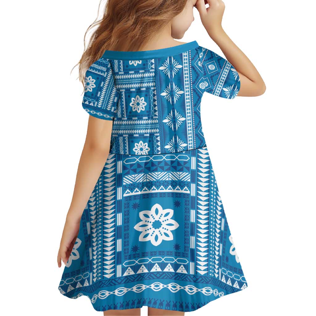 Fiji Masi All Blue Family Matching Off Shoulder Short Dress and Hawaiian Shirt Tapa Pattern - Polynesian Pride