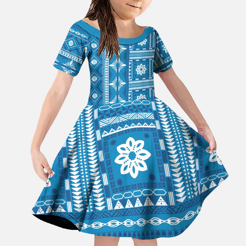 Fiji Masi All Blue Family Matching Short Sleeve Bodycon Dress and Hawaiian Shirt Tapa Pattern - Polynesian Pride