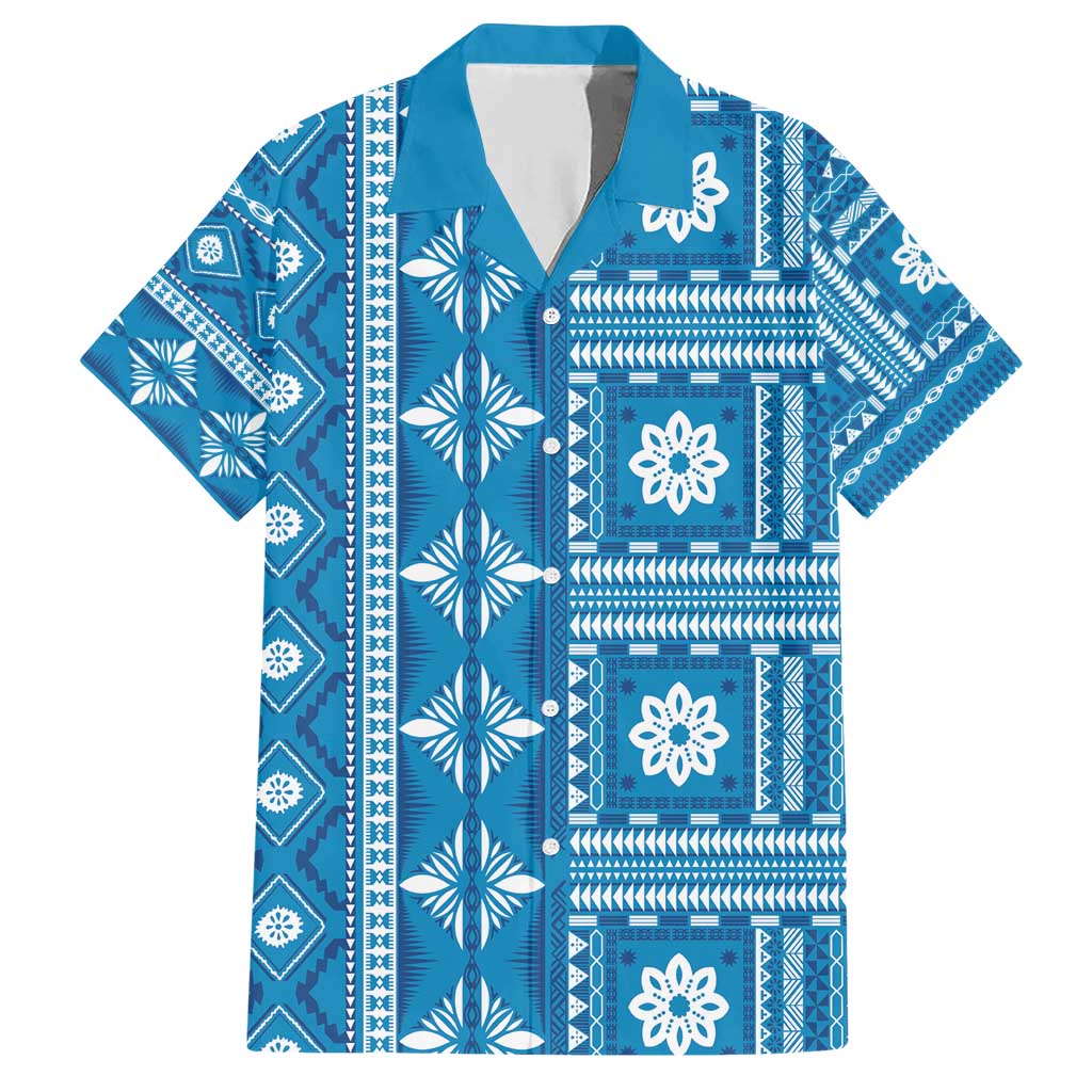 Fiji Masi All Blue Family Matching Short Sleeve Bodycon Dress and Hawaiian Shirt Tapa Pattern - Polynesian Pride
