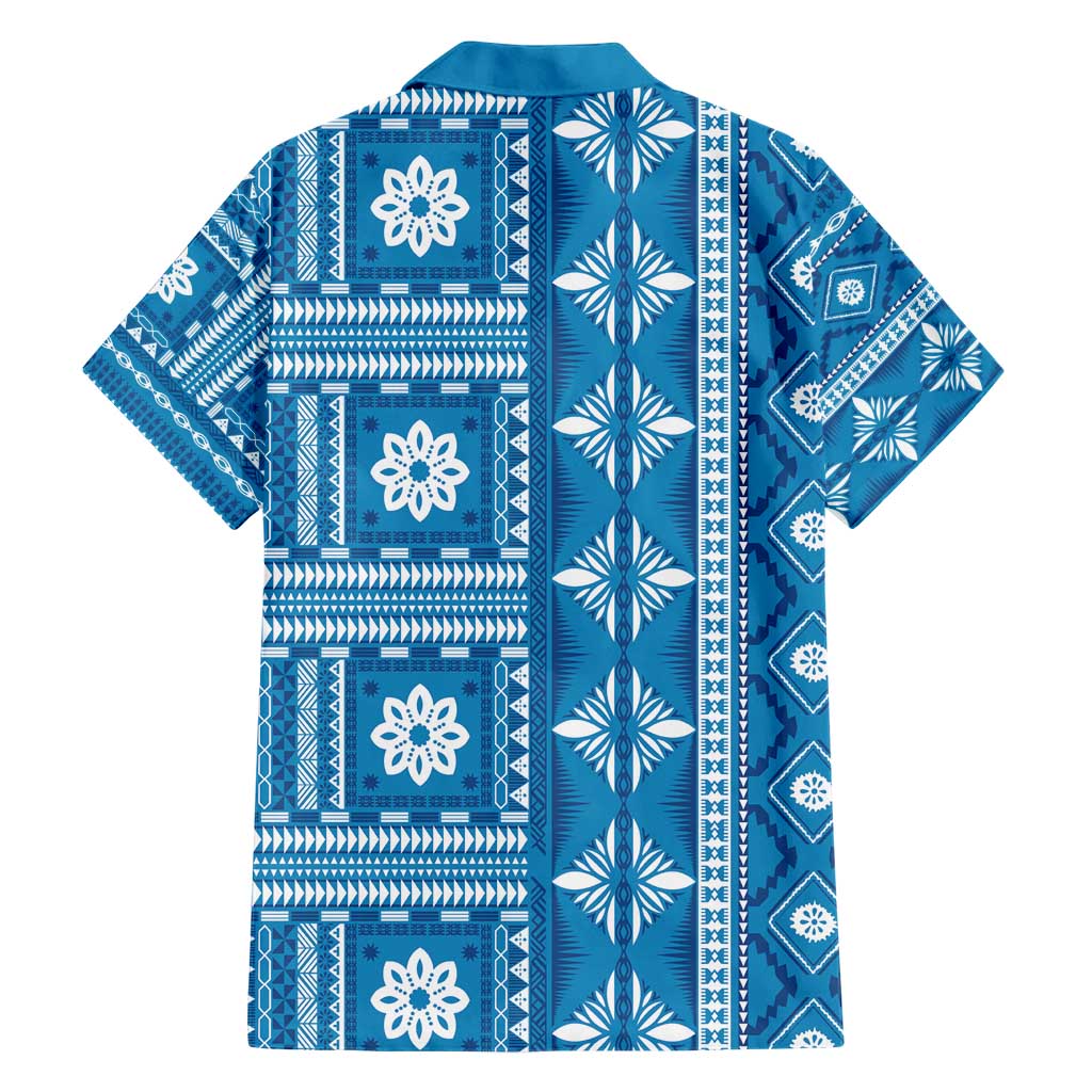 Fiji Masi All Blue Family Matching Short Sleeve Bodycon Dress and Hawaiian Shirt Tapa Pattern - Polynesian Pride