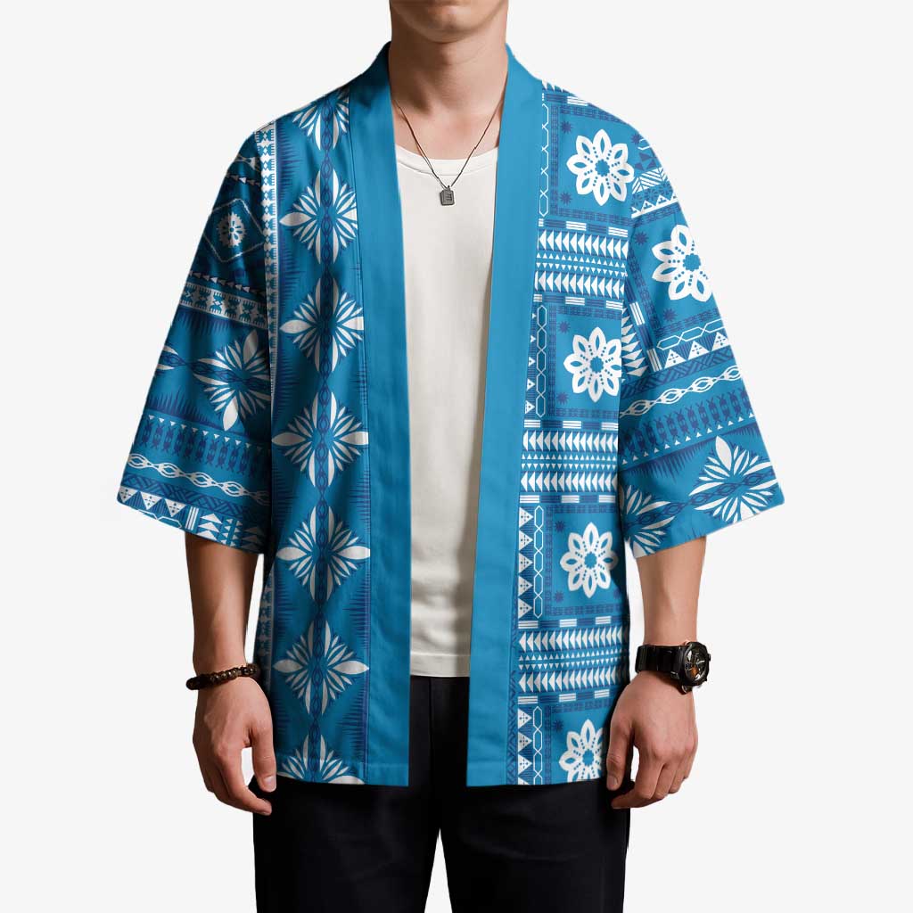 Fiji Masi All Blue Kimono Tapa Pattern - Polynesian Pride