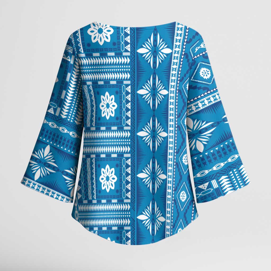 Fiji Masi All Blue Kimono Sleeve Blouse Tapa Pattern - Polynesian Pride