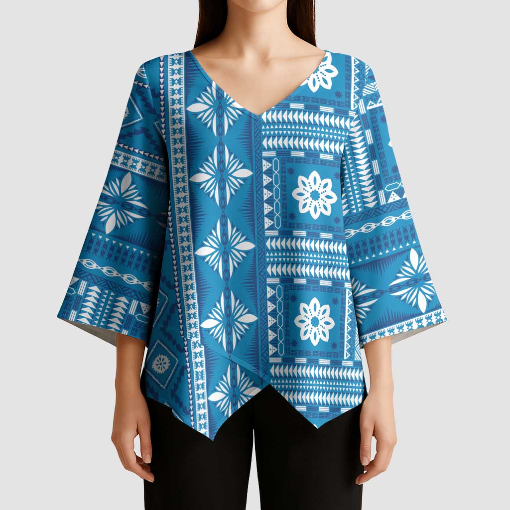 Fiji Masi All Blue Kimono Sleeve Blouse Tapa Pattern - Polynesian Pride
