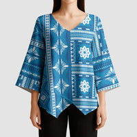 Fiji Masi All Blue Kimono Sleeve Blouse Tapa Pattern - Polynesian Pride