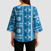Fiji Masi All Blue Kimono Sleeve Blouse Tapa Pattern - Polynesian Pride