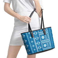 Fiji Masi All Blue Leather Tote Bag Tapa Pattern - Polynesian Pride