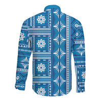 Fiji Masi All Blue Long Sleeve Button Shirt Tapa Pattern - Polynesian Pride