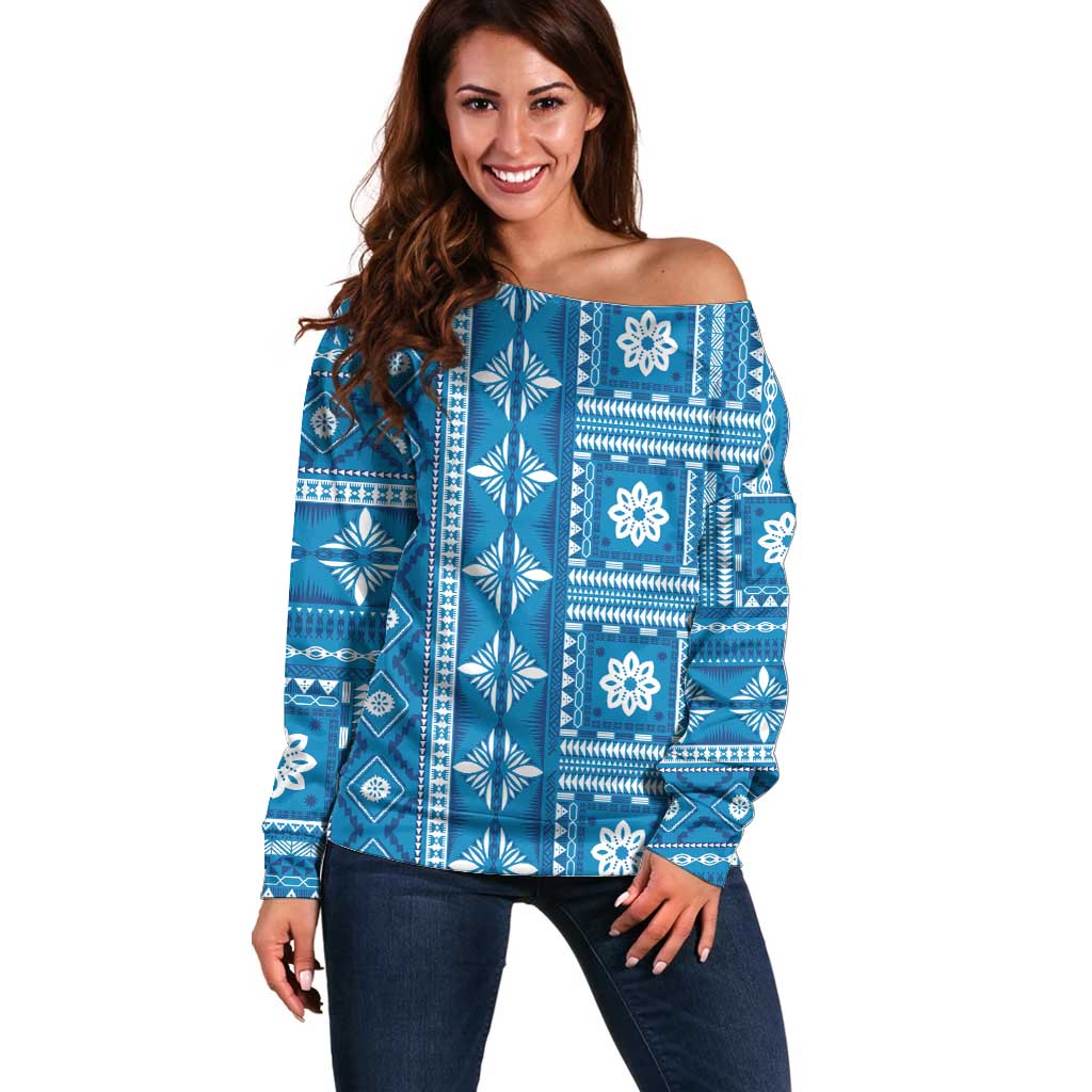 Fiji Masi All Blue Off Shoulder Sweater Tapa Pattern - Polynesian Pride