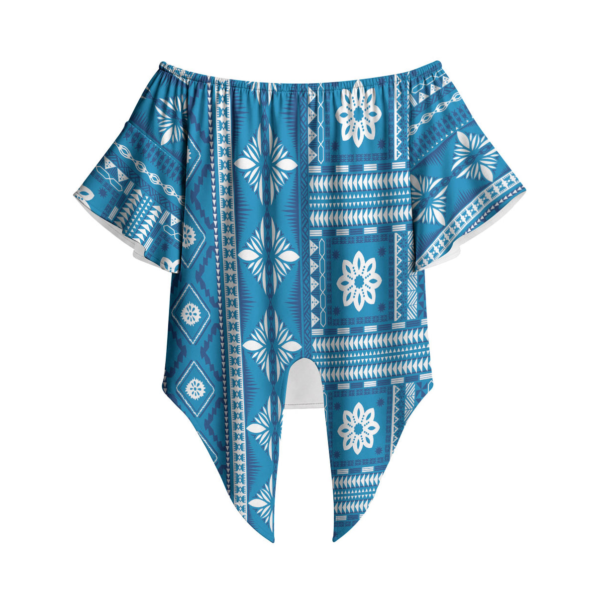 Fiji Masi All Blue Off Shoulder Wrap Waist Top Tapa Pattern LT01 Blue - Polynesian Pride