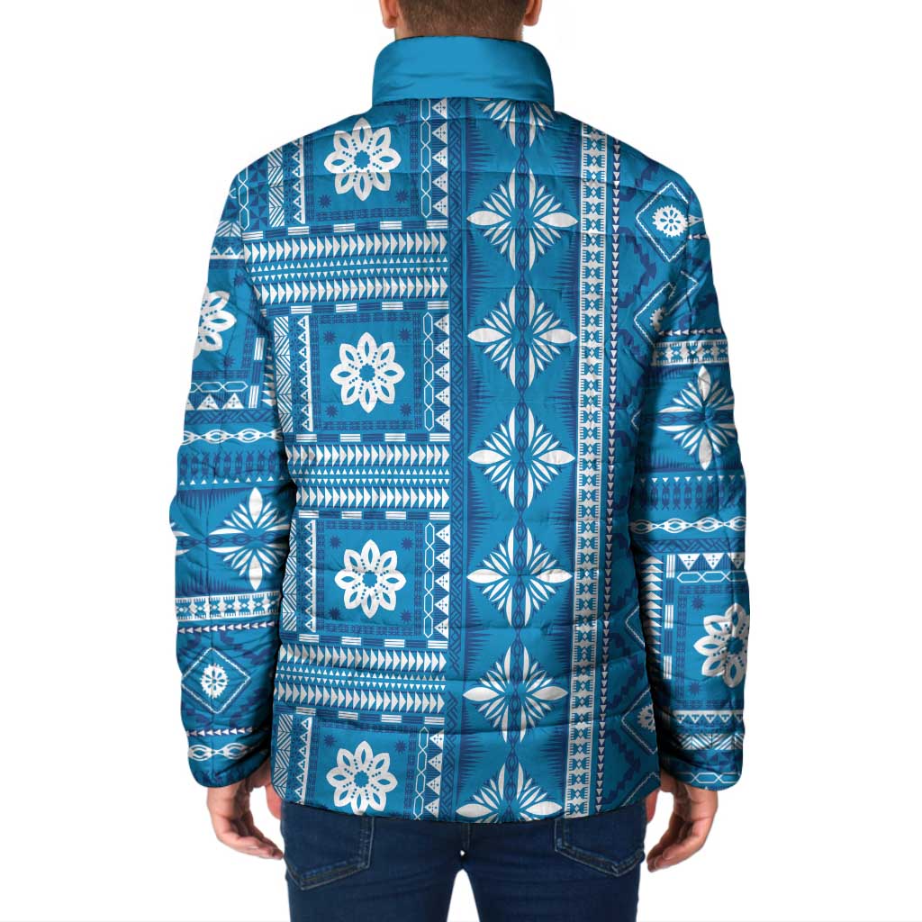 Fiji Masi All Blue Padded Jacket Tapa Pattern - Polynesian Pride