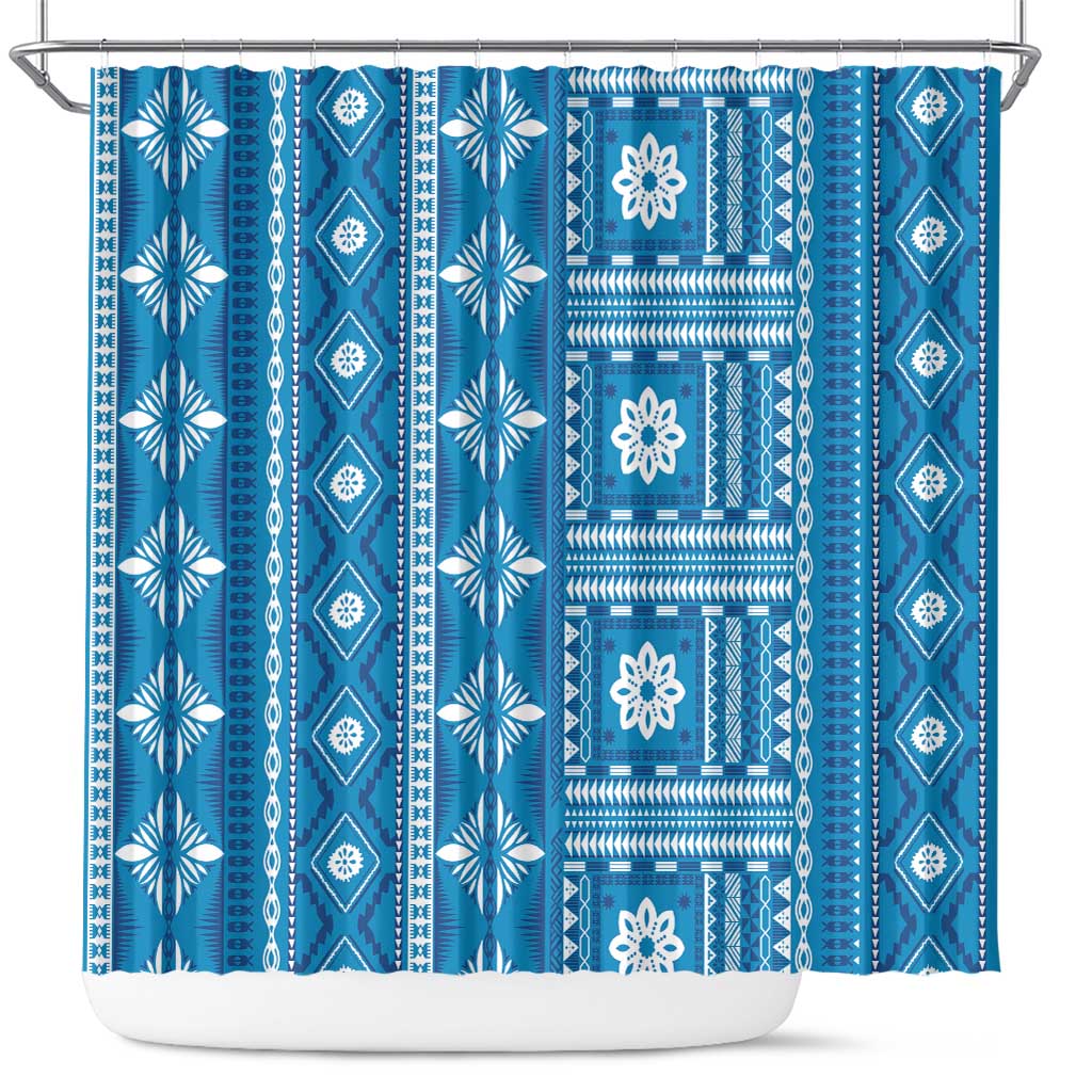 Fiji Masi All Blue Shower Curtain Tapa Pattern - Polynesian Pride