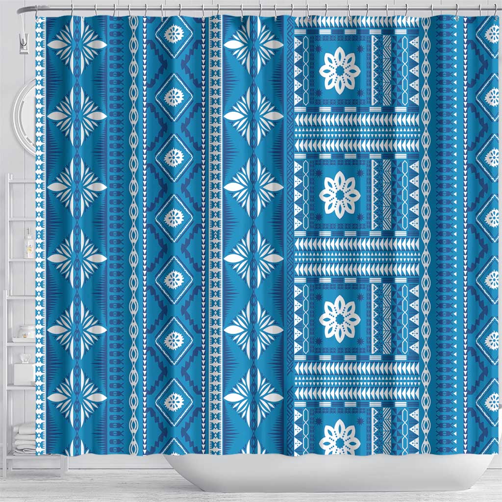 Fiji Masi All Blue Shower Curtain Tapa Pattern - Polynesian Pride