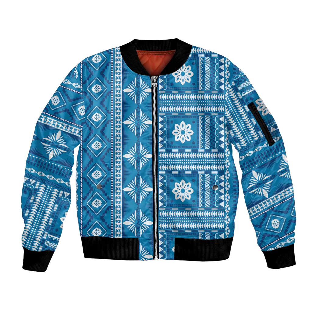 Fiji Masi All Blue Sleeve Zip Bomber Jacket Tapa Pattern - Polynesian Pride