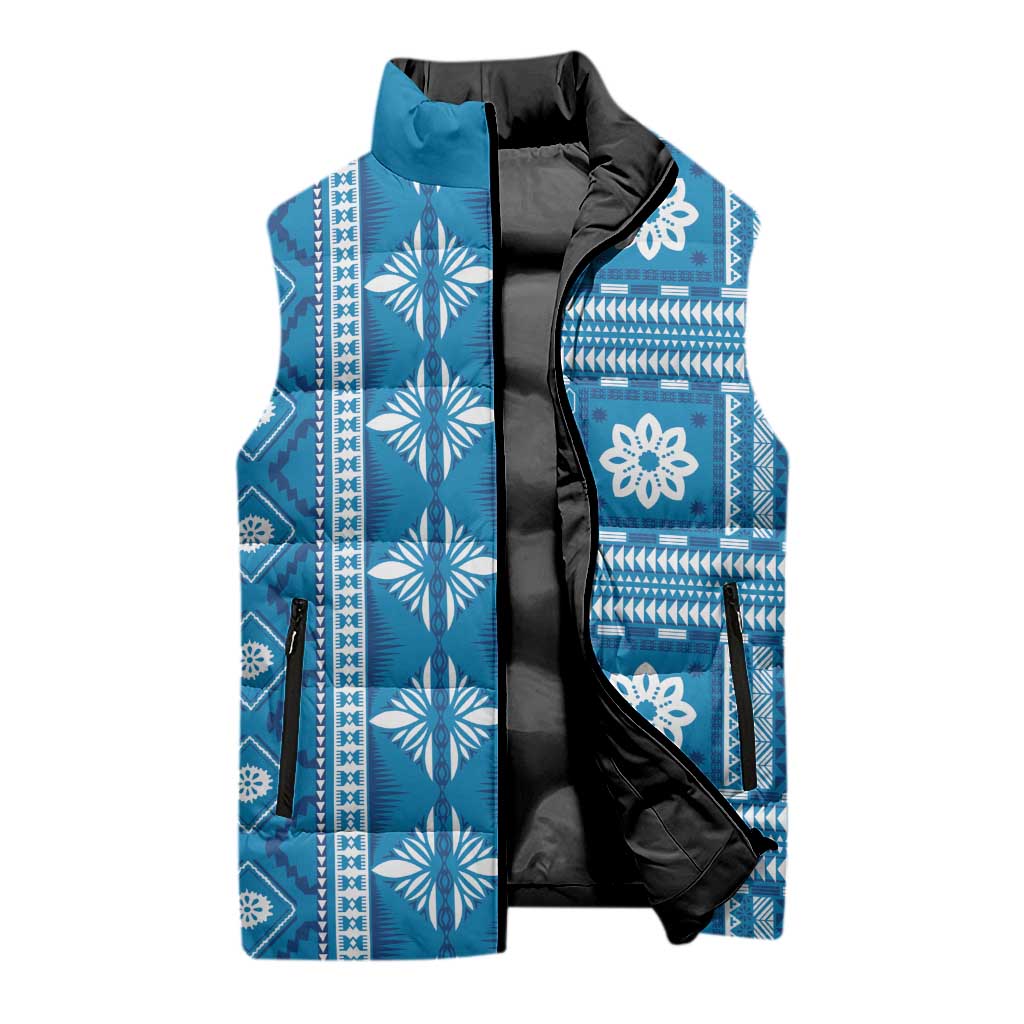 Fiji Masi All Blue Sleeveless Puffer Jacket Tapa Pattern - Polynesian Pride