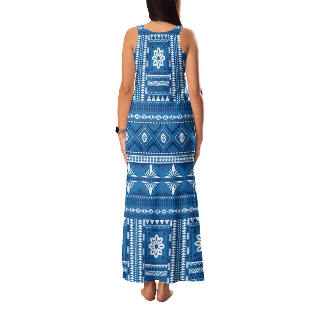 Fiji Masi All Blue Tank Maxi Dress Tapa Pattern - Polynesian Pride