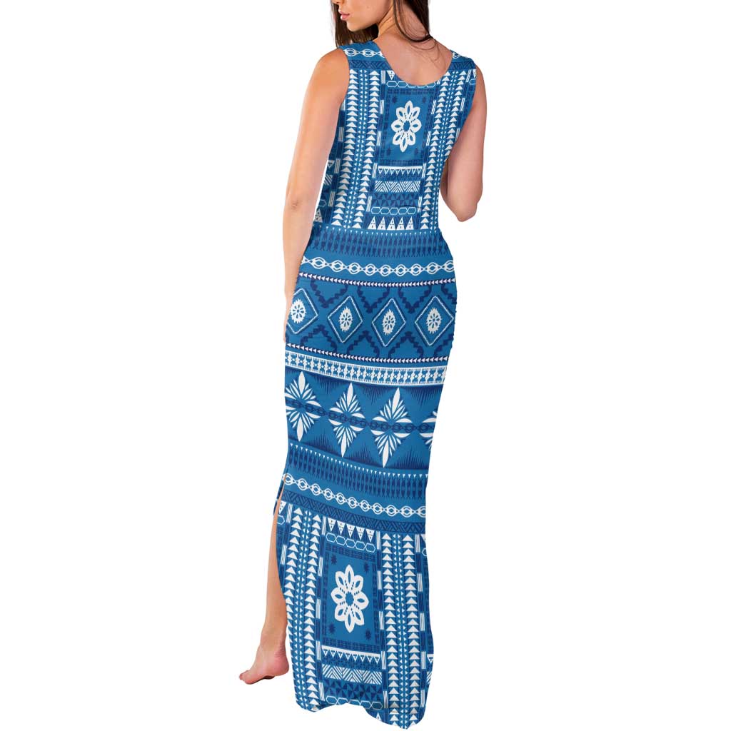Fiji Masi All Blue Tank Maxi Dress Tapa Pattern - Polynesian Pride