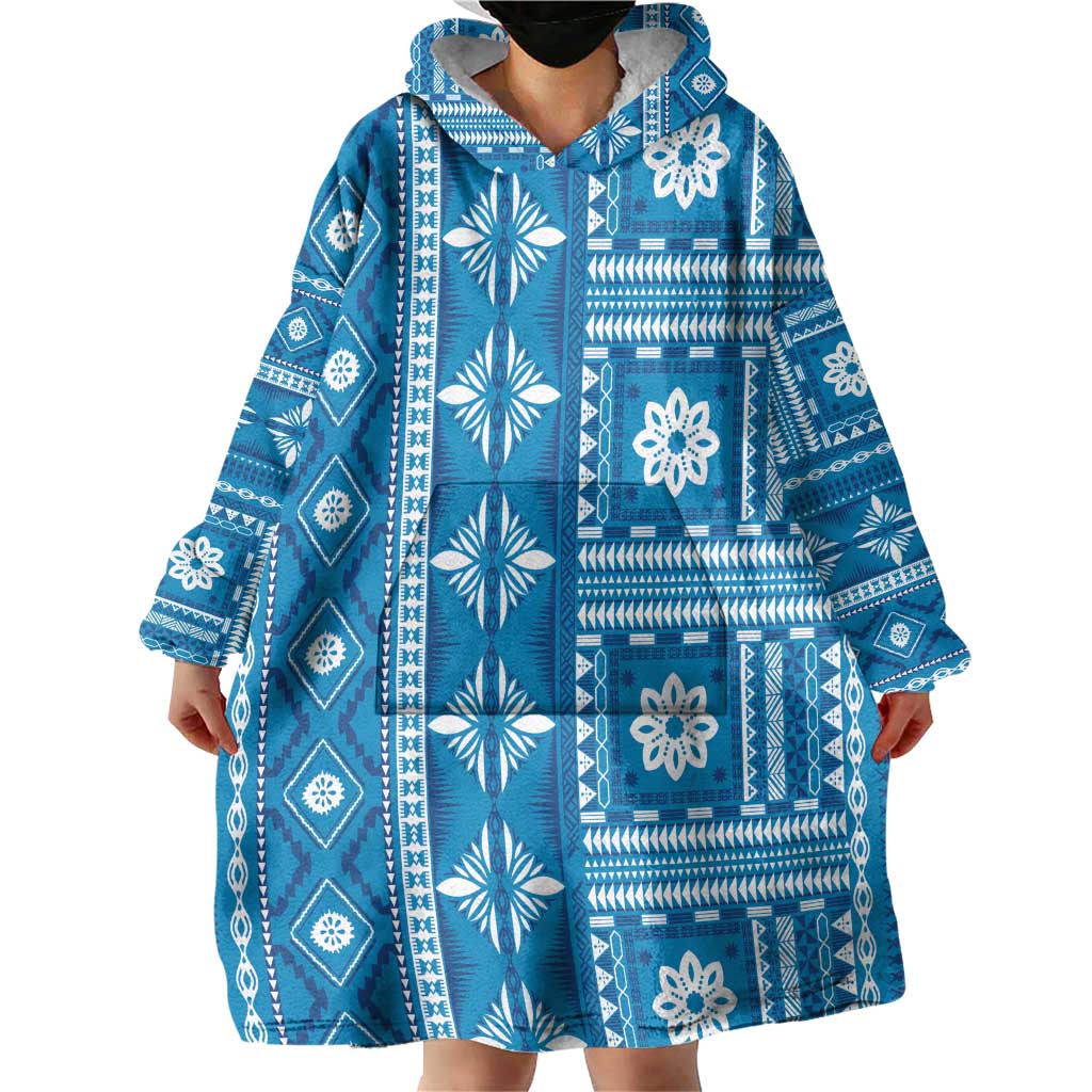Fiji Masi All Blue Wearable Blanket Hoodie Tapa Pattern - Polynesian Pride