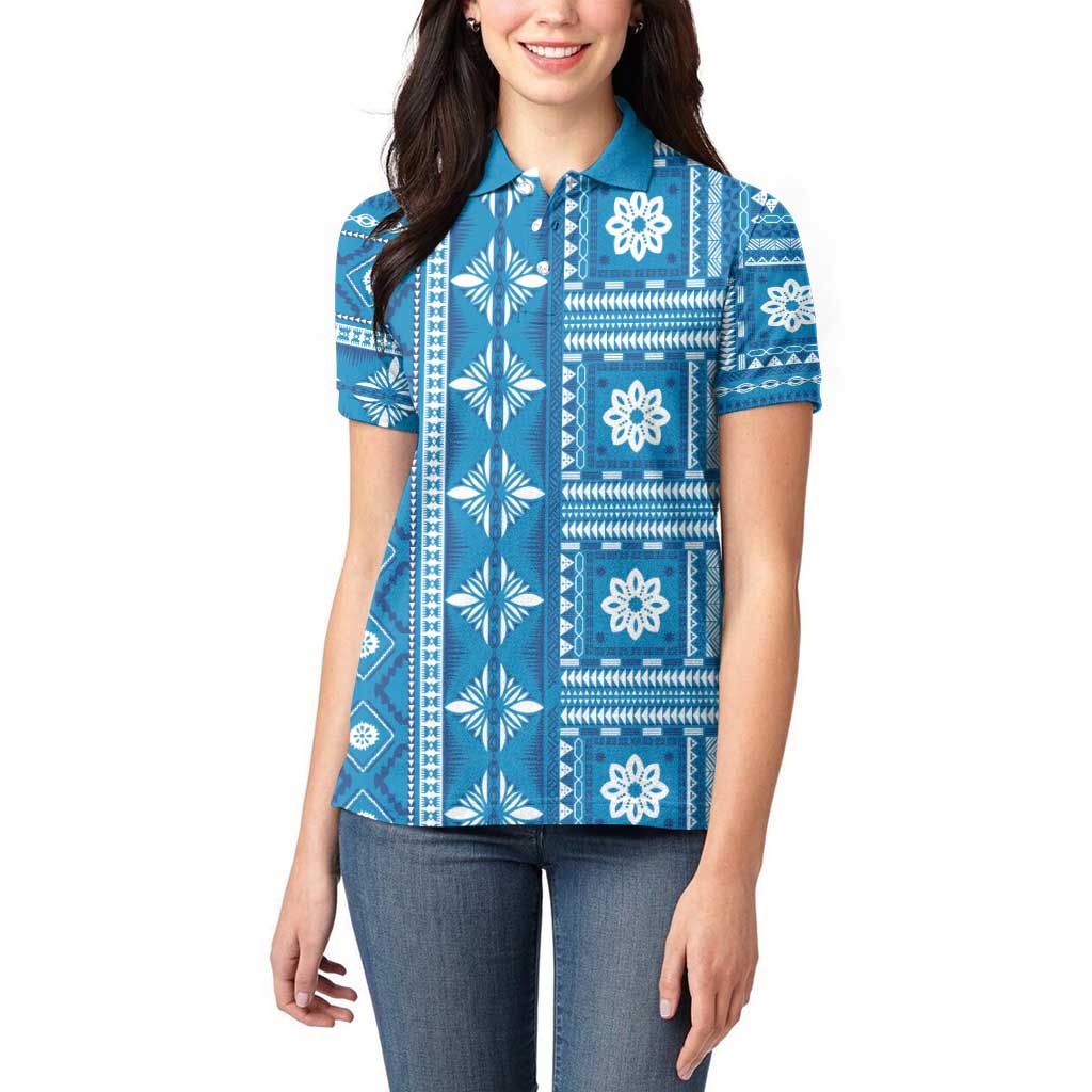 Fiji Masi All Blue Women Polo Shirt Tapa Pattern - Polynesian Pride