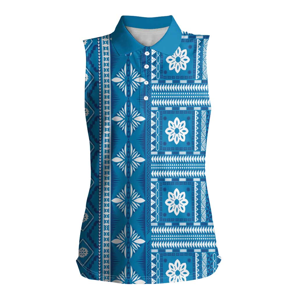 Fiji Masi All Blue Women Sleeveless Polo Shirt Tapa Pattern - Polynesian Pride