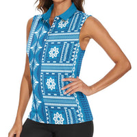 Fiji Masi All Blue Women Sleeveless Polo Shirt Tapa Pattern - Polynesian Pride