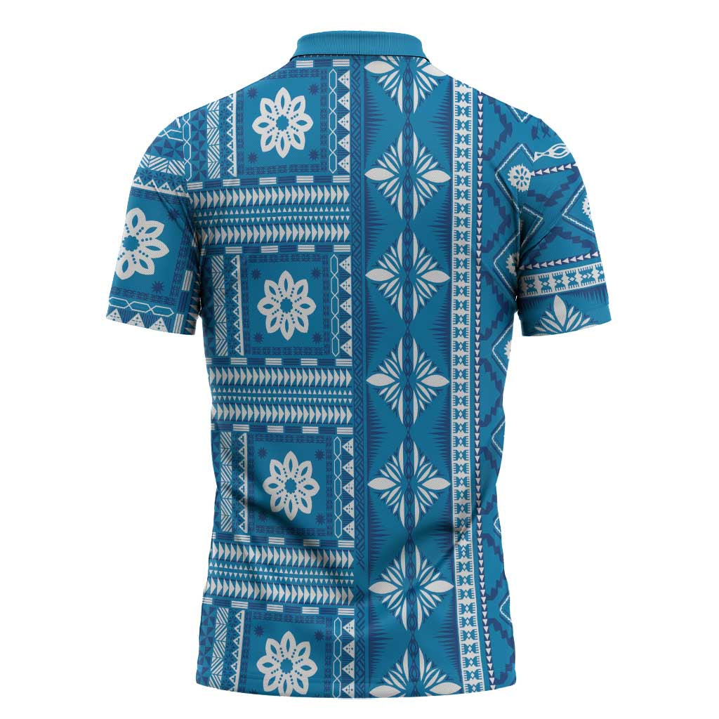 Fiji Masi All Blue Zipper Polo Shirt Tapa Pattern - Polynesian Pride