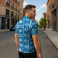 Fiji Masi All Blue Zipper Polo Shirt Tapa Pattern - Polynesian Pride