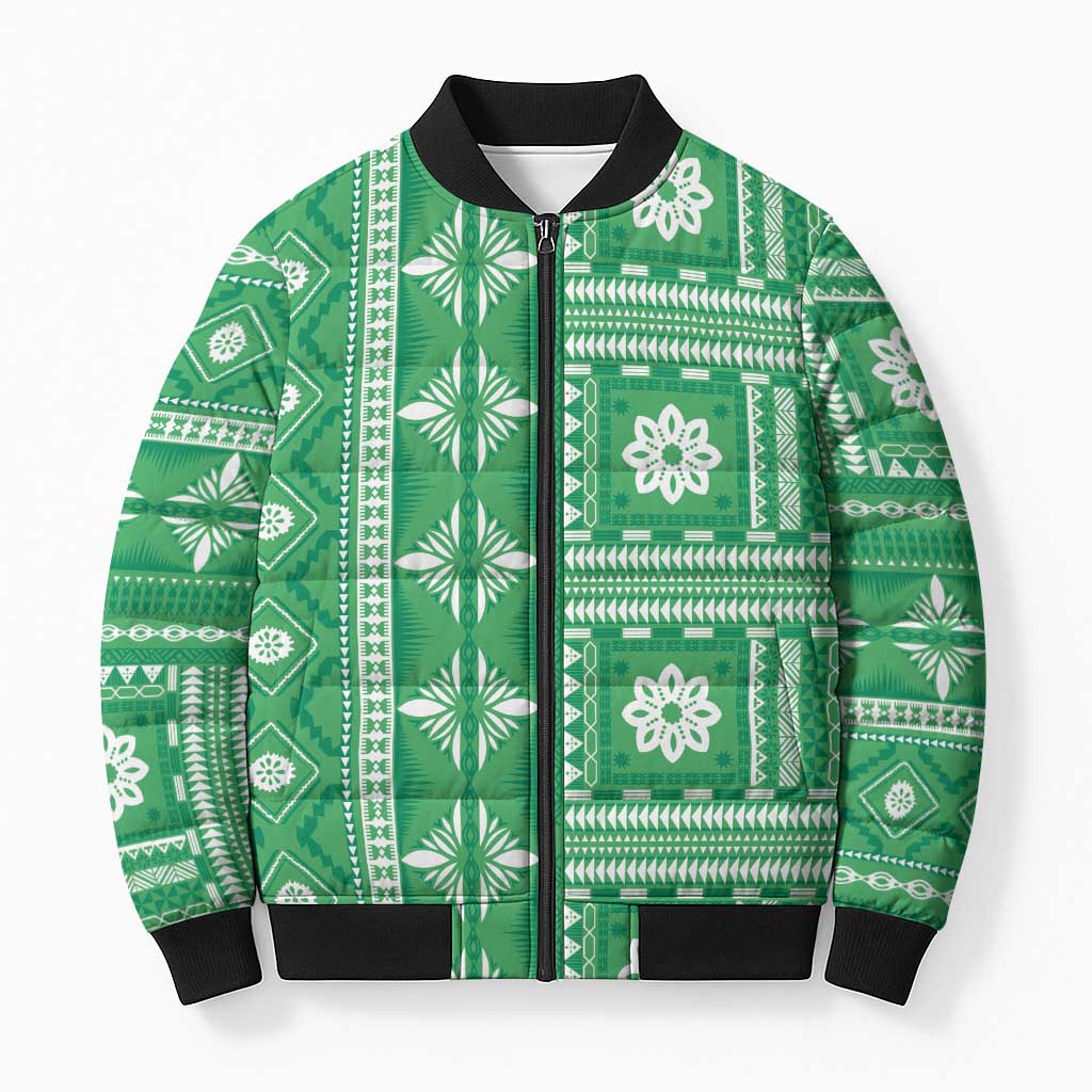 Fiji Masi All Green Bomber Puffer Jacket Tapa Pattern - Polynesian Pride