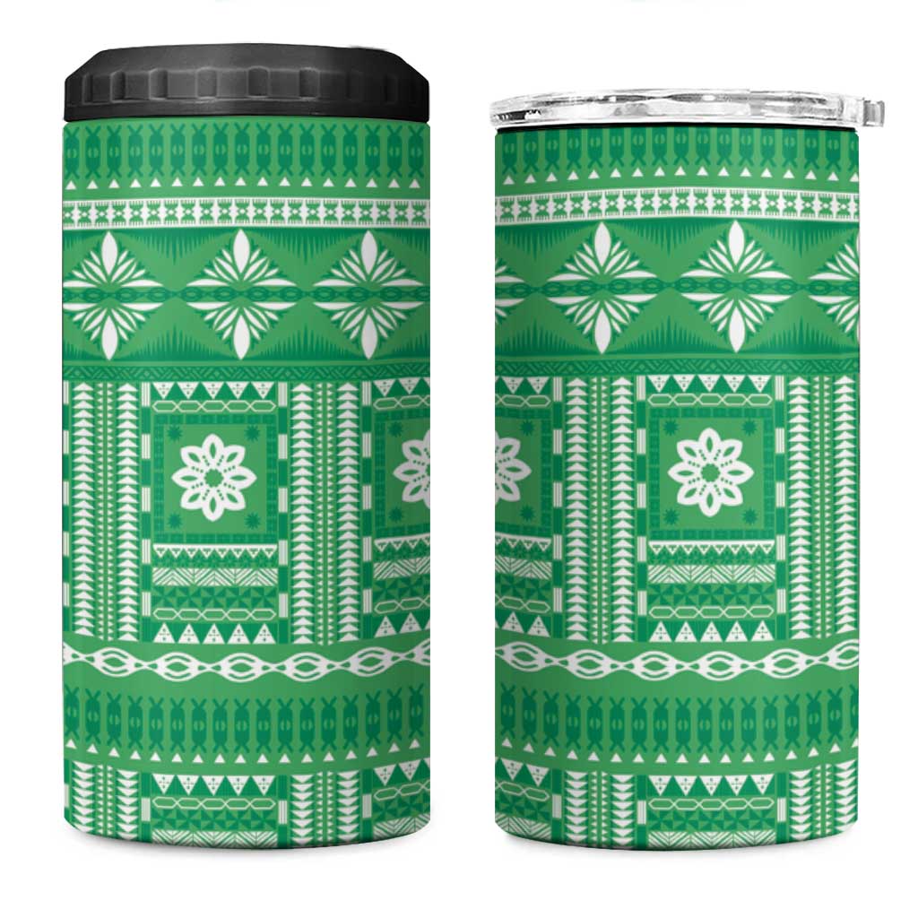 Fiji Masi All Green 4 in 1 Can Cooler Tumbler Tapa Pattern - Polynesian Pride