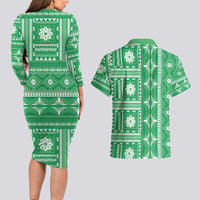 Fiji Masi All Green Couples Matching Long Sleeve Bodycon Dress and Hawaiian Shirt Tapa Pattern - Polynesian Pride