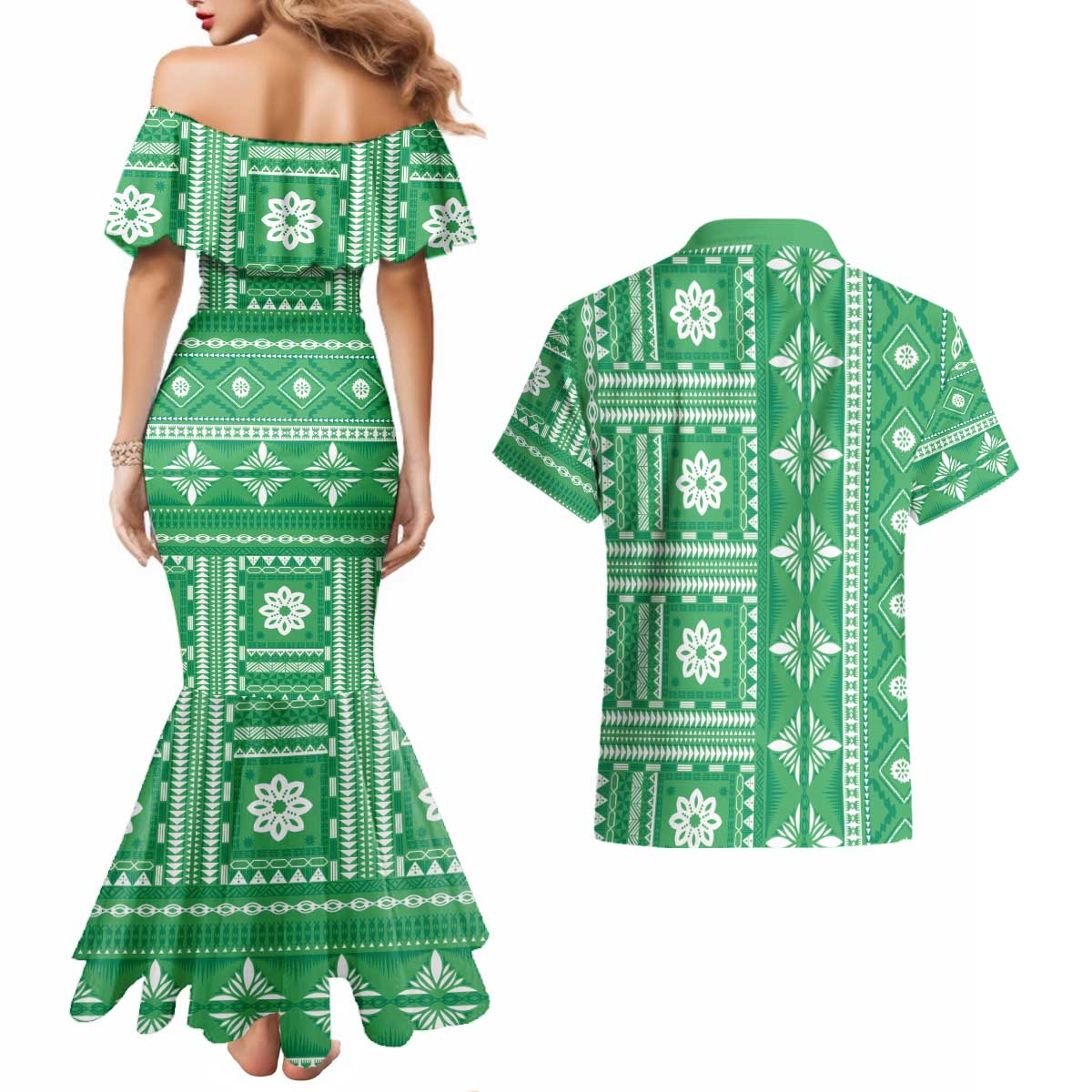 Fiji Masi All Green Couples Matching Mermaid Dress and Hawaiian Shirt Tapa Pattern - Polynesian Pride