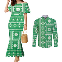 Fiji Masi All Green Couples Matching Mermaid Dress and Long Sleeve Button Shirt Tapa Pattern - Polynesian Pride