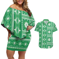 Fiji Masi All Green Couples Matching Off Shoulder Short Dress and Hawaiian Shirt Tapa Pattern - Polynesian Pride