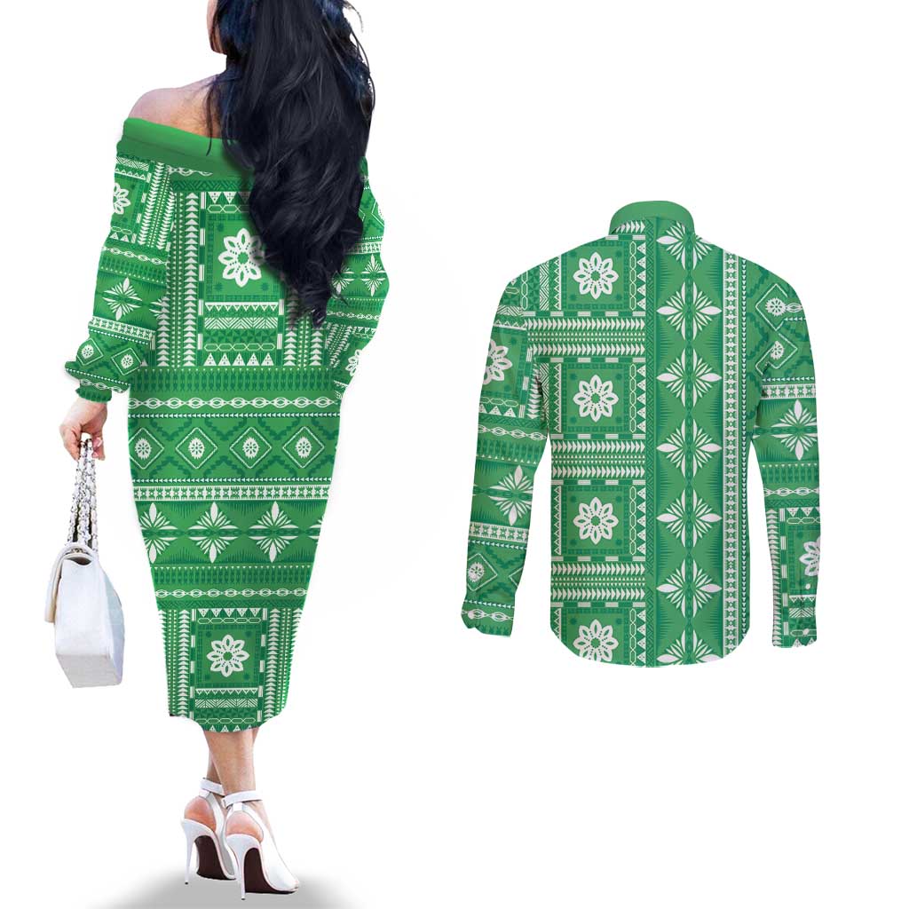 Fiji Masi All Green Couples Matching Off The Shoulder Long Sleeve Dress and Long Sleeve Button Shirt Tapa Pattern - Polynesian Pride