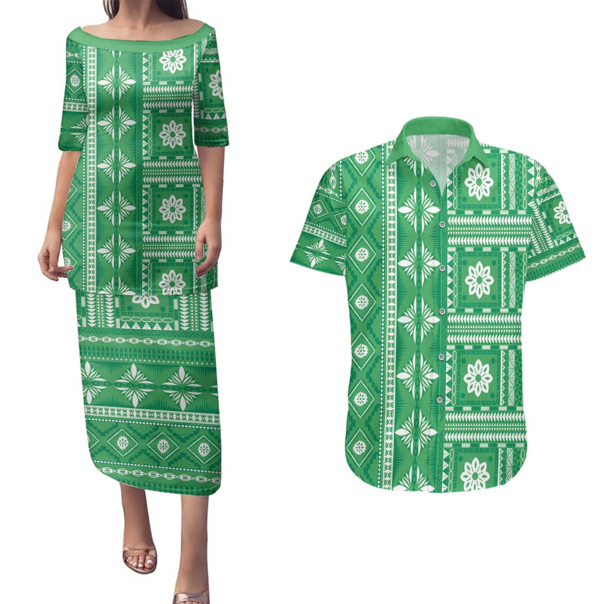 Fiji Masi All Green Couples Matching Puletasi and Hawaiian Shirt Tapa Pattern - Polynesian Pride