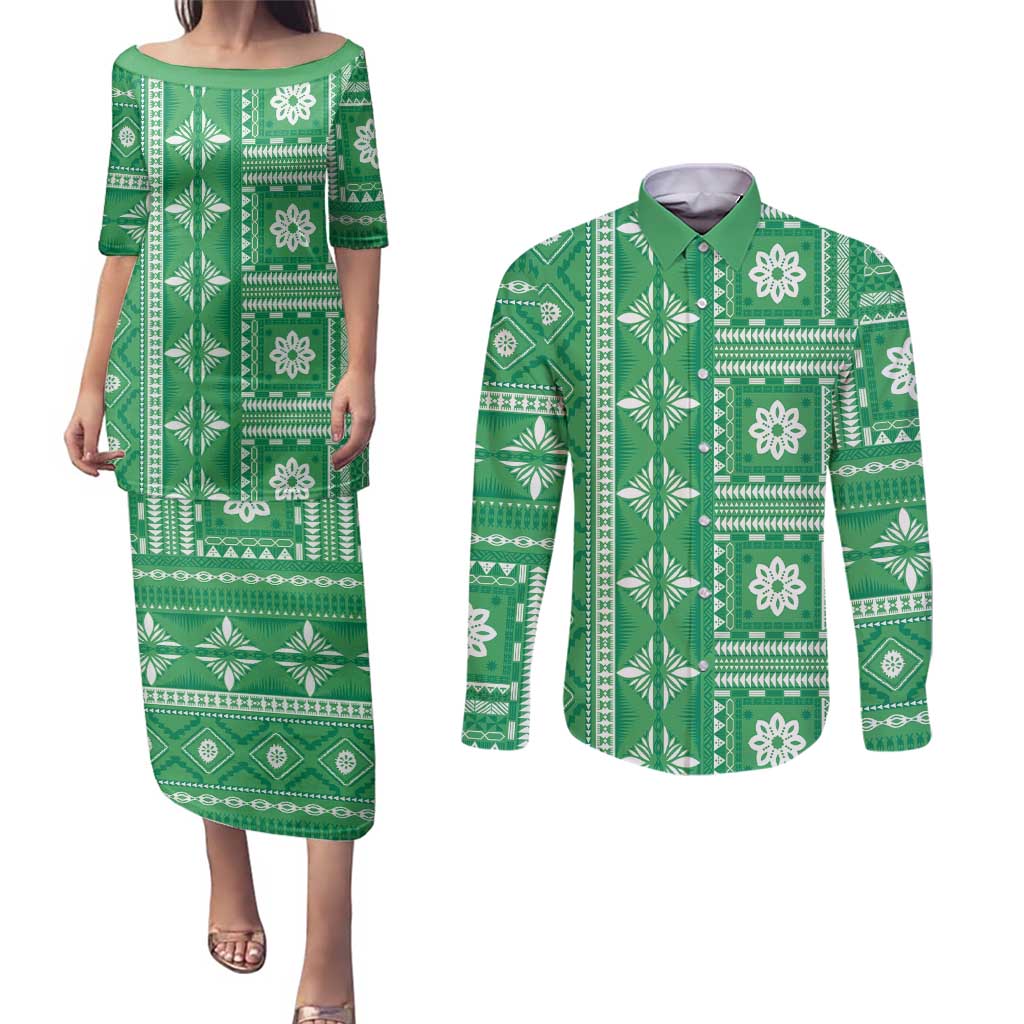 Fiji Masi All Green Couples Matching Puletasi and Long Sleeve Button Shirt Tapa Pattern - Polynesian Pride