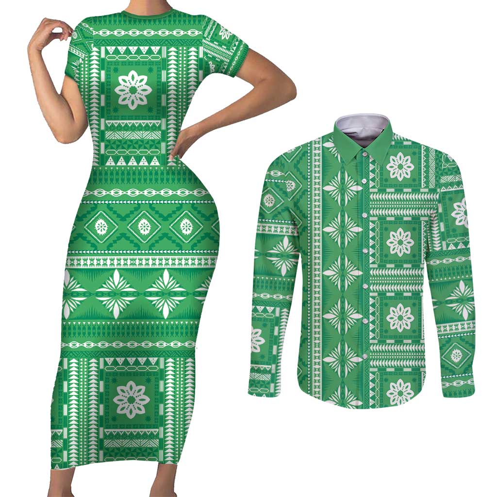 Fiji Masi All Green Couples Matching Short Sleeve Bodycon Dress and Long Sleeve Button Shirt Tapa Pattern - Polynesian Pride
