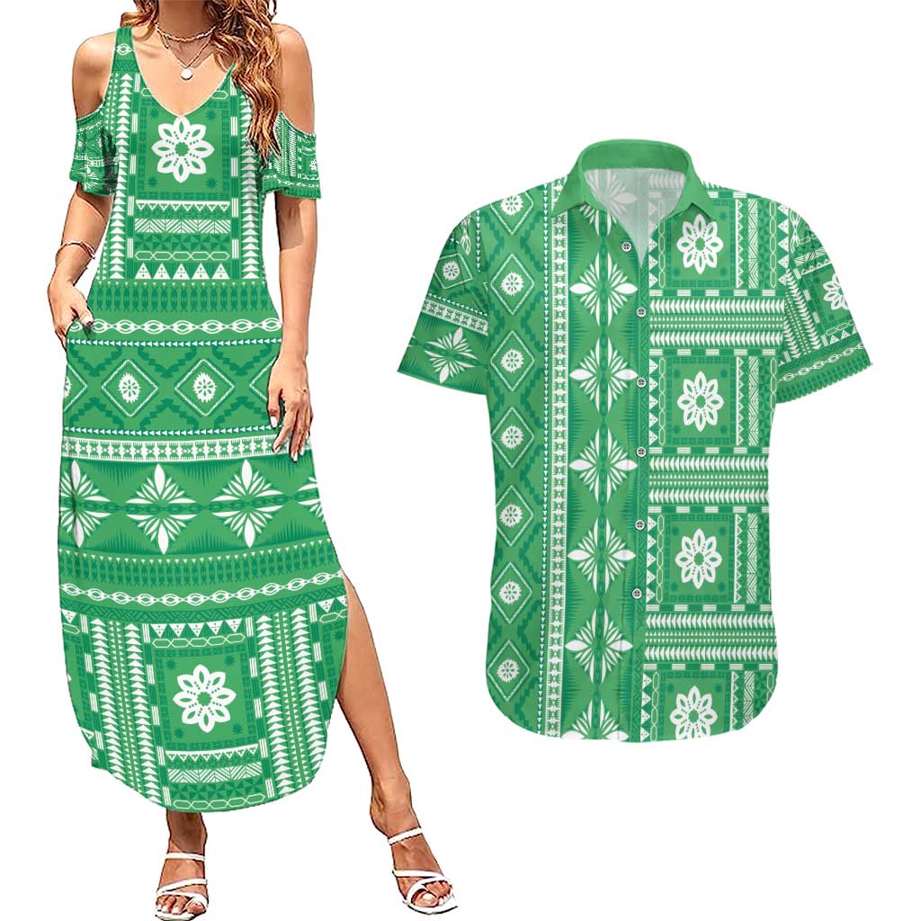 Fiji Masi All Green Couples Matching Summer Maxi Dress and Hawaiian Shirt Tapa Pattern - Polynesian Pride