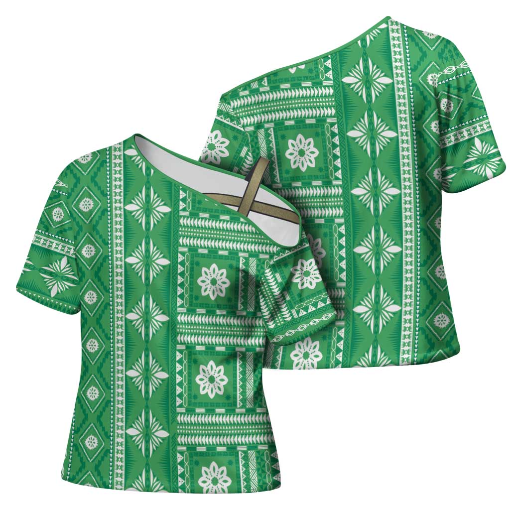 Fiji Masi All Green Cross Shoulder Shirt Tapa Pattern - Polynesian Pride