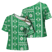 Fiji Masi All Green Cross Shoulder Shirt Tapa Pattern - Polynesian Pride