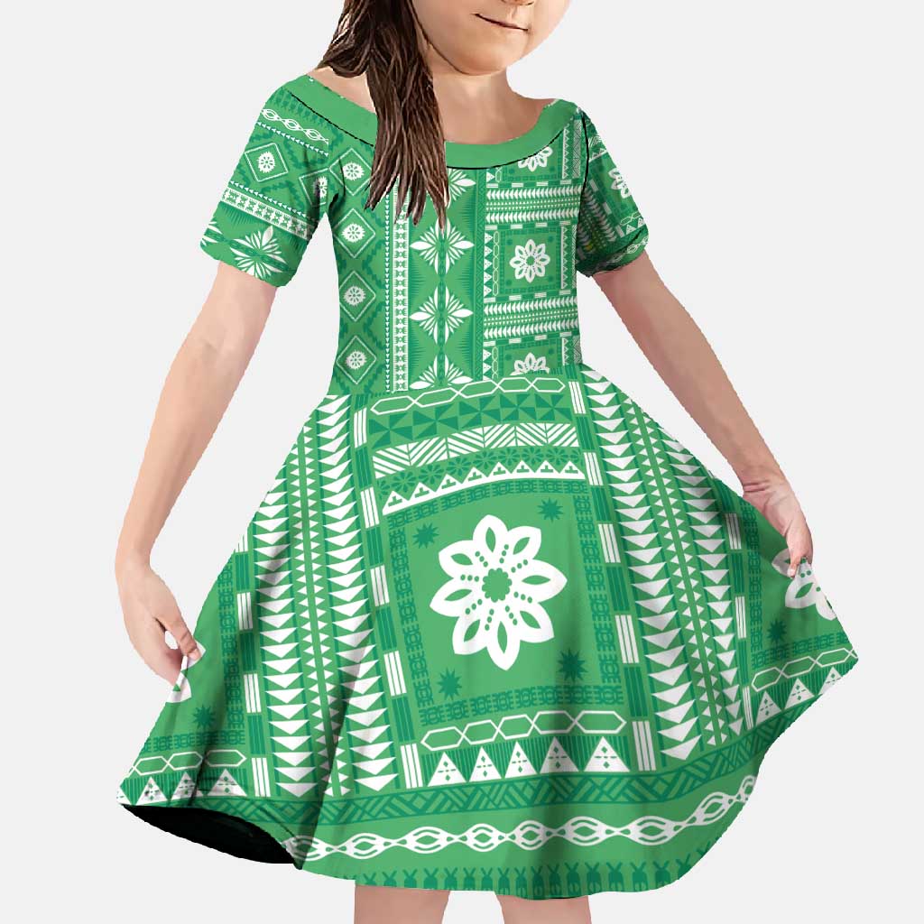 Fiji Masi All Green Family Matching Long Sleeve Bodycon Dress and Hawaiian Shirt Tapa Pattern - Polynesian Pride