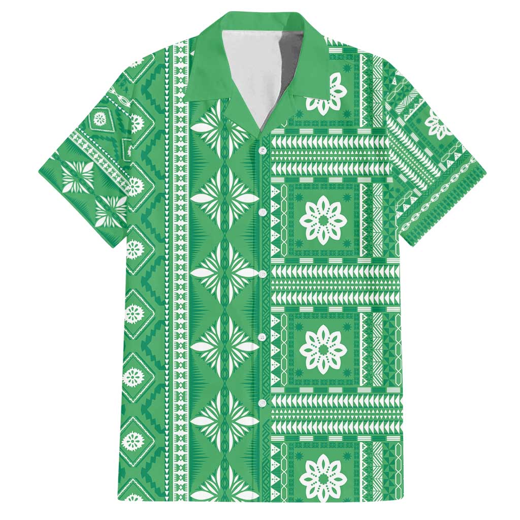 Fiji Masi All Green Family Matching Long Sleeve Bodycon Dress and Hawaiian Shirt Tapa Pattern - Polynesian Pride