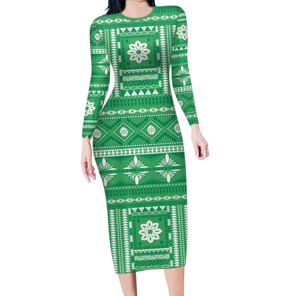 Fiji Masi All Green Family Matching Long Sleeve Bodycon Dress and Hawaiian Shirt Tapa Pattern - Polynesian Pride