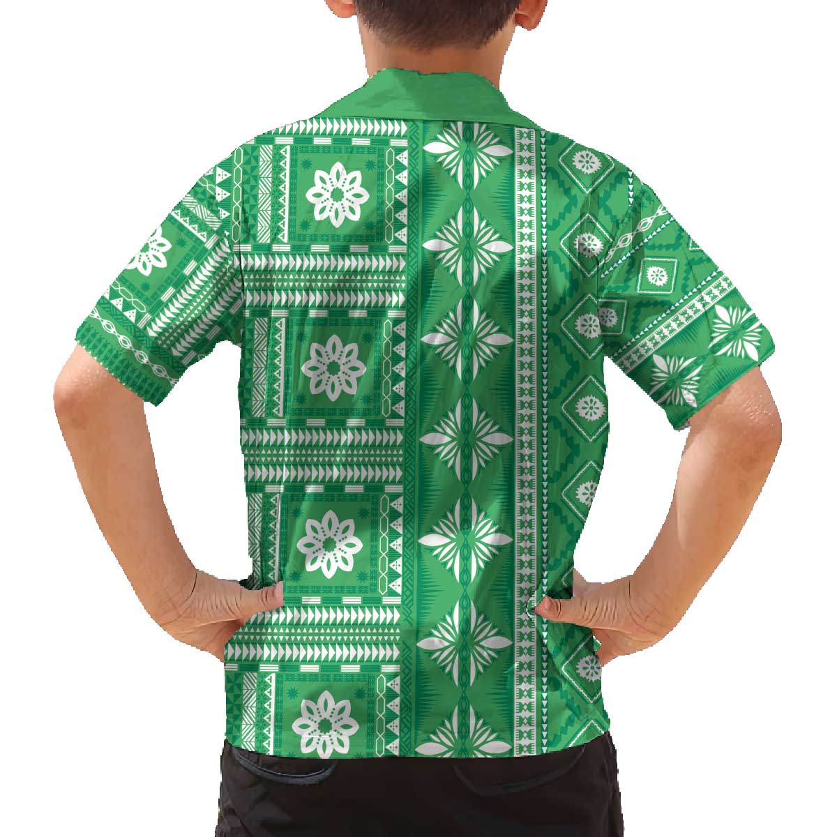 Fiji Masi All Green Family Matching Off The Shoulder Long Sleeve Dress and Hawaiian Shirt Tapa Pattern - Polynesian Pride