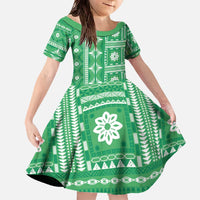 Fiji Masi All Green Family Matching Off The Shoulder Long Sleeve Dress and Hawaiian Shirt Tapa Pattern - Polynesian Pride