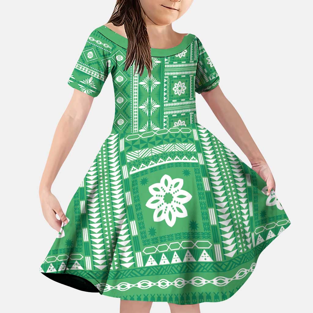 Fiji Masi All Green Family Matching Puletasi and Hawaiian Shirt Tapa Pattern - Polynesian Pride