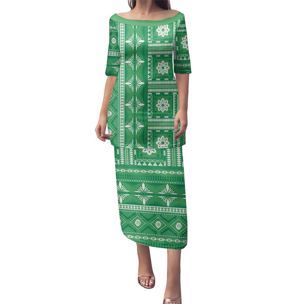 Fiji Masi All Green Family Matching Puletasi and Hawaiian Shirt Tapa Pattern - Polynesian Pride