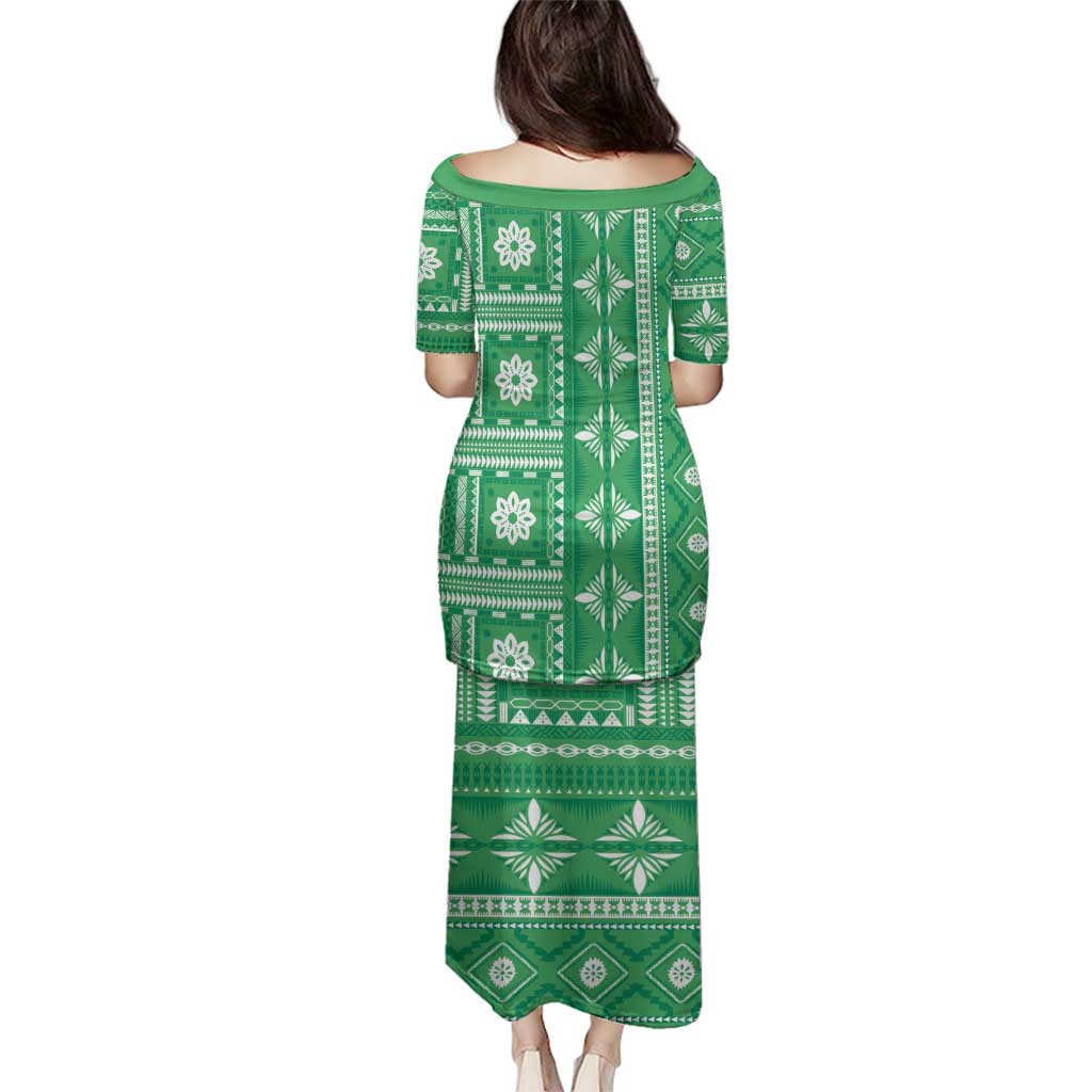 Fiji Masi All Green Family Matching Puletasi and Hawaiian Shirt Tapa Pattern - Polynesian Pride