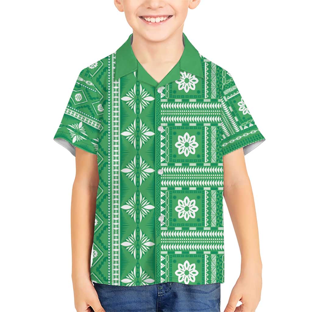 Fiji Masi All Green Family Matching Short Sleeve Bodycon Dress and Hawaiian Shirt Tapa Pattern - Polynesian Pride